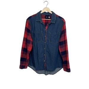 BDG Urban Outfitters Denim Plaid Flannel Button Down Patchwork Colorblock Large